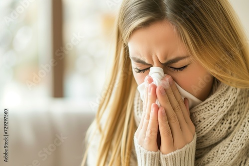 A young girl with a handkerchief on her face, who has respiratory diseases or seasonal allergies, cleanses her sinuses.