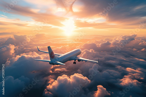 Commercial airplane flying above clouds at sunset. Travel content.