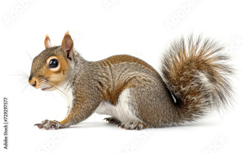 Close-up of a cute, alert squirrel with detailed fur and big eyes, isolated on a white background.