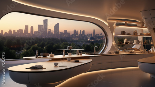 House apartment design, futuristic interior, hotel capsule with panoramic window view of the cityscape. Generative AI.