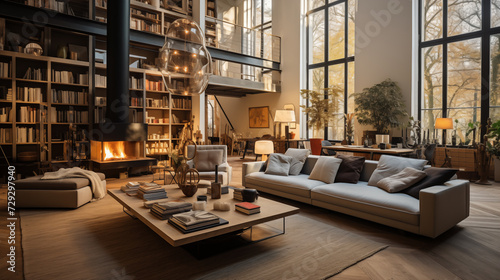 House apartment design with natural materials, stone, wood, granite, plants, cozy living room with sofa and fireplace. Generative AI