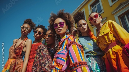 Group Of Female Models of Diverse Ethnicities Posing In Stylish Attire with Eclectic Mix of Patterns and Colors. Fashion Shoot in Sunlit Urban Setting. AI Generated