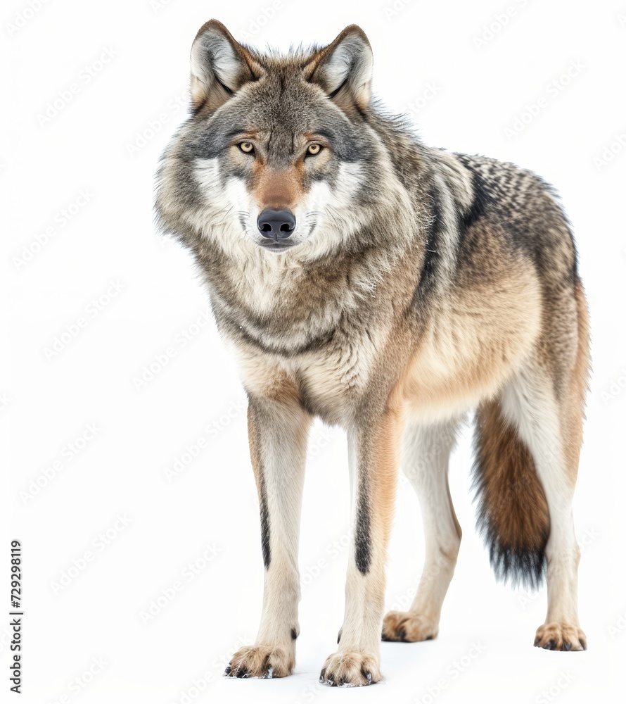 A detailed close-up of a wolf, showcasing its intense gaze and beautifully patterned fur isolated on white background. A detailed close-up of a wolf, showcasing its intense gaze and beautifully patterned fur isolated on white background.