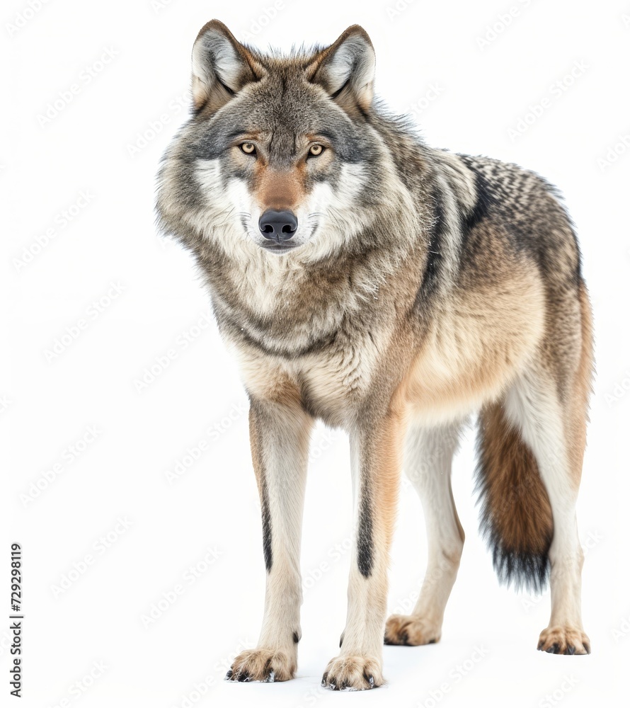 A detailed close-up of a wolf, showcasing its intense gaze and beautifully patterned fur isolated on white background.