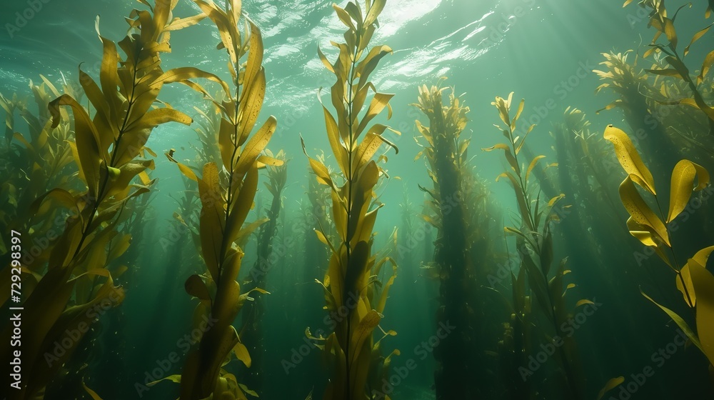 A kelp forest with tall stalks reaching the water surface, mainly exhibiting Ecklonia maxima from below - obrazy, fototapety, plakaty 