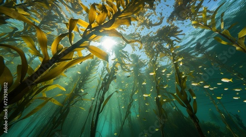 A kelp forest with tall stalks reaching the water surface, mainly exhibiting Ecklonia maxima from below