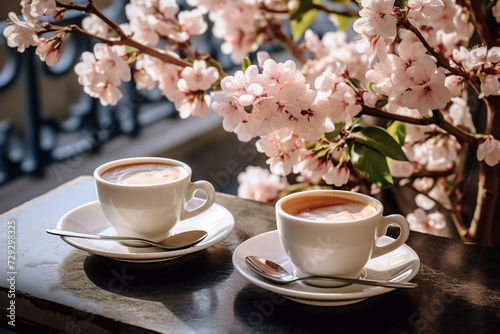 two mugs of coffee with cappuccino foam and croissants on a table in an outdoor cafe in spring