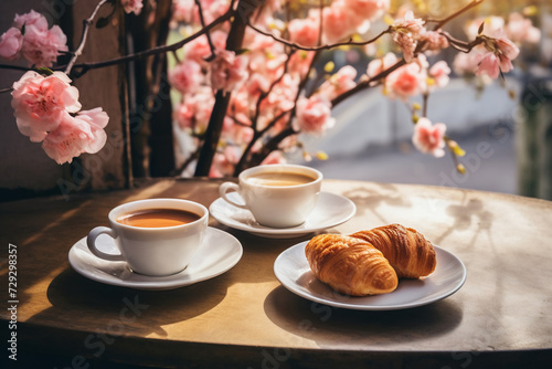 two mugs of coffee with cappuccino foam and croissants on a table in an outdoor cafe in spring photo