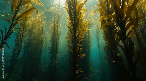 A kelp forest with tall stalks reaching the water surface  mainly exhibiting Ecklonia maxima from below