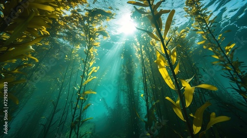 A kelp forest with tall stalks reaching the water surface, mainly exhibiting Ecklonia maxima from below photo
