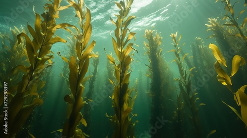A kelp forest with tall stalks reaching the water surface, mainly exhibiting Ecklonia maxima from below photo