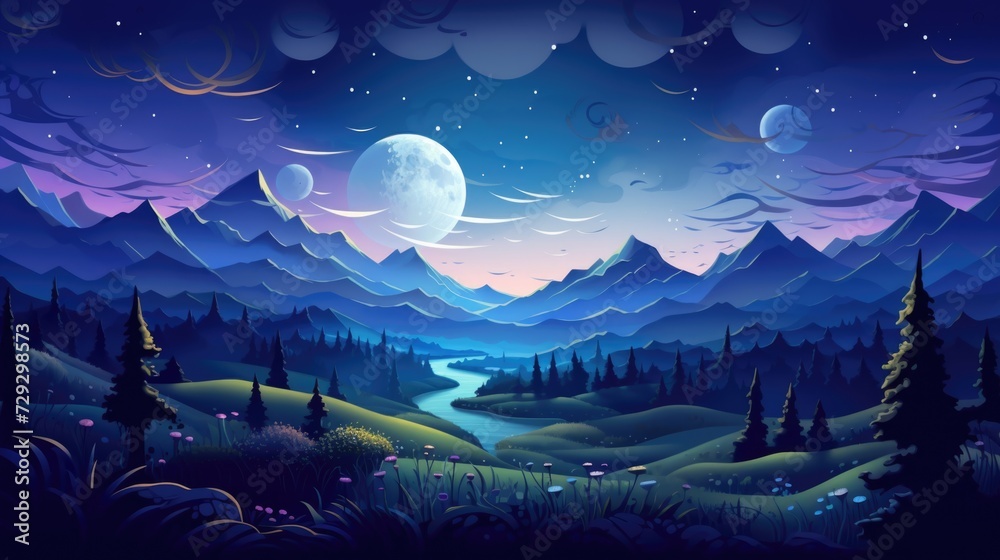 Enchanted Nighttime Landscape with Moon