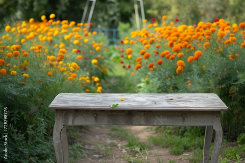 table in a garden with a backdrop of bright marigolds
