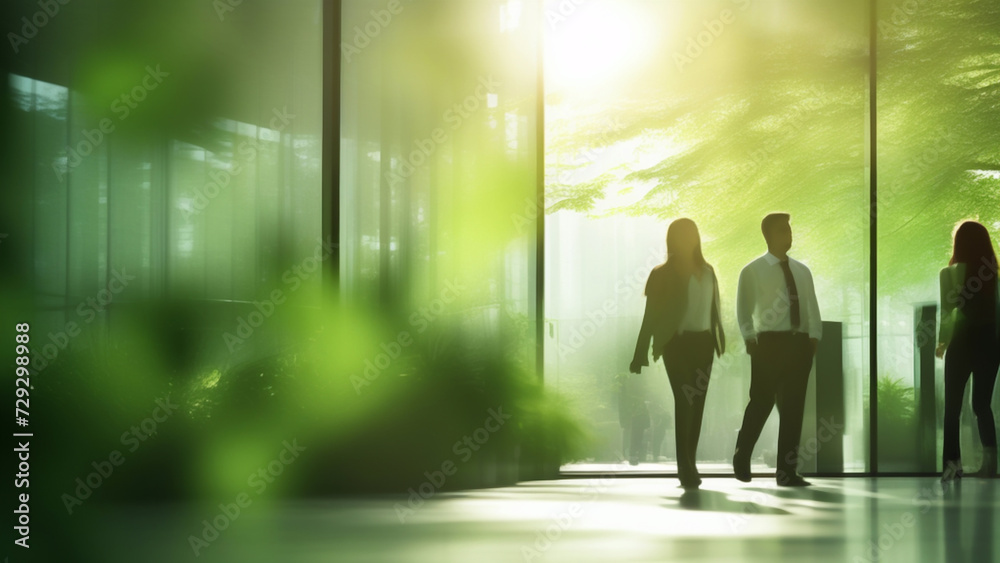 Blurred background of people walking in a modern office building with green trees and sunlight , eco friendly and ecological responsible business concept