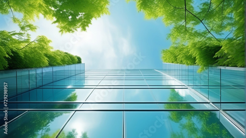 Architecture image with a modern glass building with a lot of green plants trees and bushes for business architecture environmental friendly and eco-concept