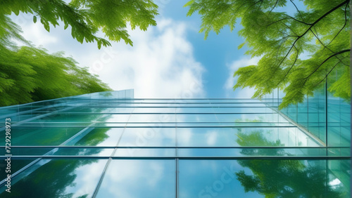 Architecture image with a modern glass building with a lot of green plants trees and bushes for business architecture environmental friendly and eco-concept