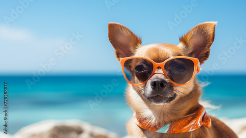 Fashionable chihuahua sporting sunglasses, enjoying the seaside © Svetlana
