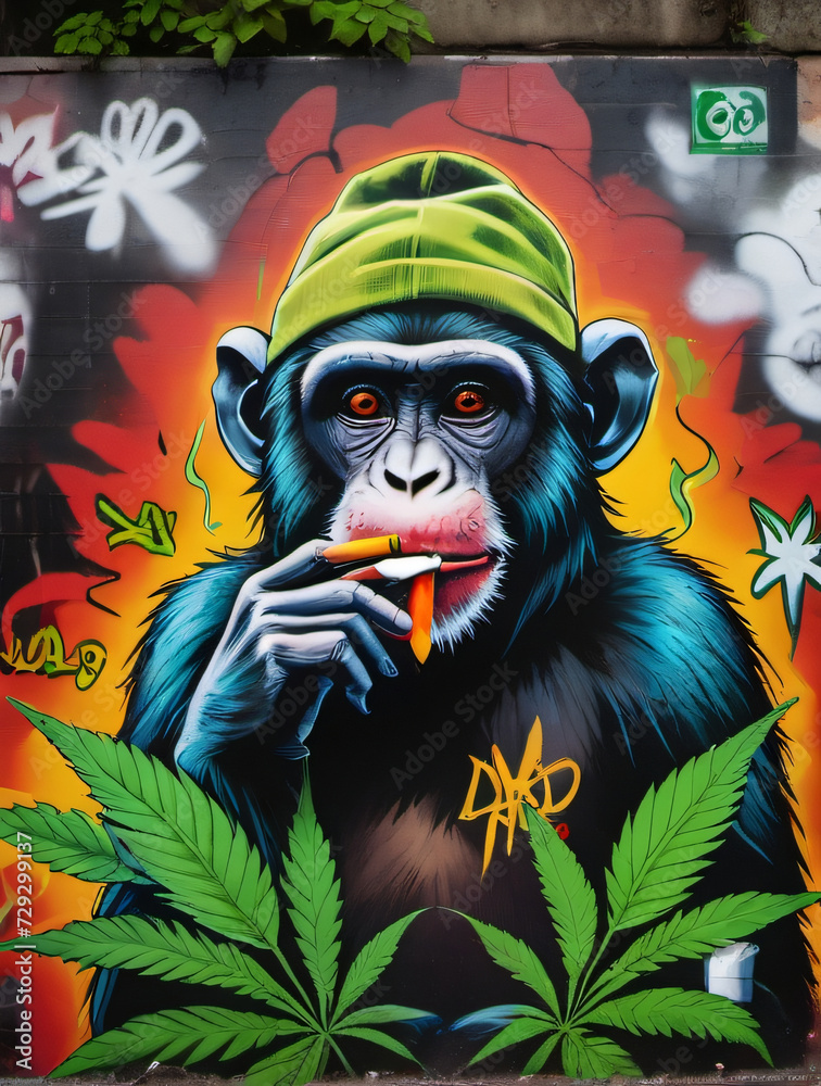 Photo Of Grunge Background With Graffiti And Painted Monkey With Cannabis Cigarette