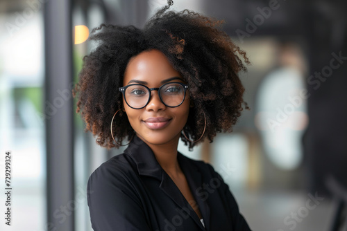 Confident African American businesswoman with curly hair and glasses, wearing a black blazer, exudes professionalism and poise in a modern office setting.