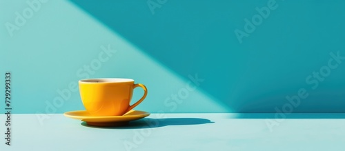 Coffee in a yellow cup against a blue backdrop