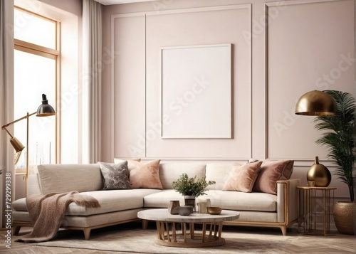 Interior Design Showcase Beige Sofa and Frame on Wall 3D Rendered Living Room © aitricho
