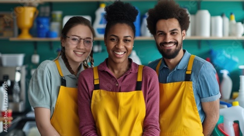 Smiling Diverse Cafe Staff in Aprons