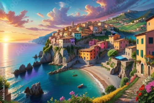 picture of a town on a cliff by the ocean photo