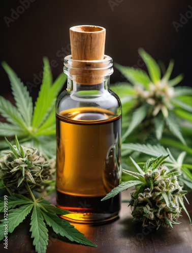 Photo Of Essential Oil With Herbs, Cannabis Leaves, Marijuana