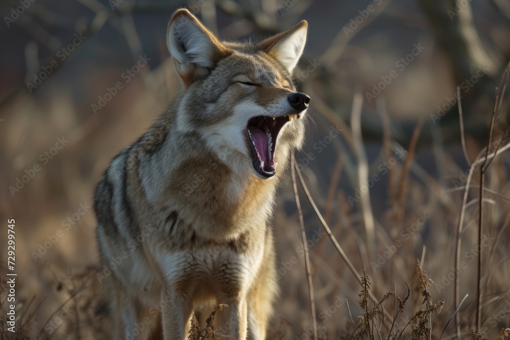 coyote howling, mouth wide open near the camera coyote howling, mouth wide open near the camera