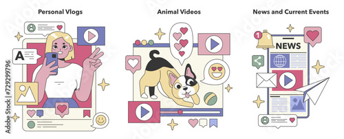 Social Media Content set. Intimate life snippets, adorable pet moments, global happenings. Lifestyle sharing, animal entertainment, informed citizenry. Flat vector illustration.