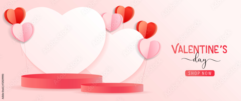 Paper hearts with empty minimal display podium decoration background for Valentines Day. Sale concept for Mothers Day or wedding cards. Vector illustration