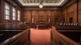 Elegant courtroom interior with wooden design and American flags