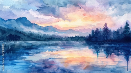 Watercolor landscape of a serene lake at sunset with mountains © KrikHill