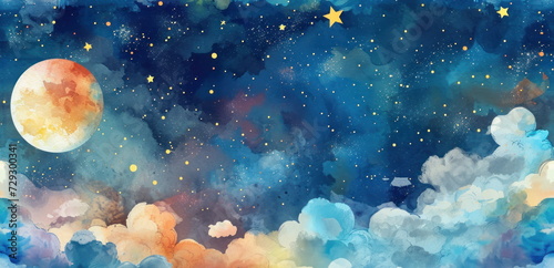 Colorful cosmic sky with a full moon  stars  and fluffy clouds. Watercolor illustration.
