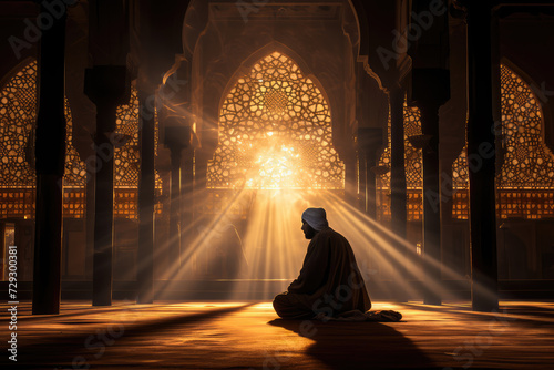 A solitary figure in contemplative prayer, bathed in the ethereal light streaming through the intricate windows of a grand mosque.