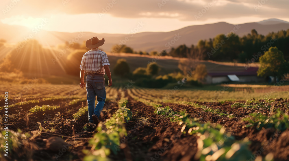 A farmer in a cowboy hat walking through the fields at sunrise, with the warm light illuminating the farmland and mountains in the distance.