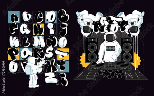Graphic set of letters. space party font in sketch style for kids and teens design. DJ and dancers astronauts and fun bubble font