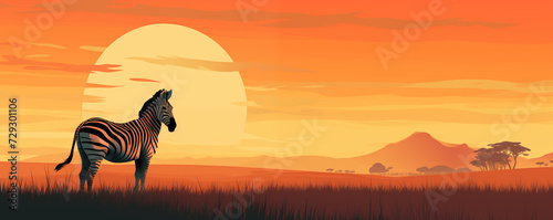 Zebra in the African savanna at sunset light  panoramic view  illustration generative AI