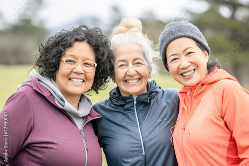 Group of happy elderly people standing together in sportwear before exercising in the park. Concept of active lifestyle at madure age. 