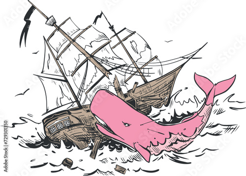 The legendary sperm whale attacks the ship. Feminism concept, female power able to cope with obstacles. A mythical monster that sank a sailboat. Vector illustration in engraving style.