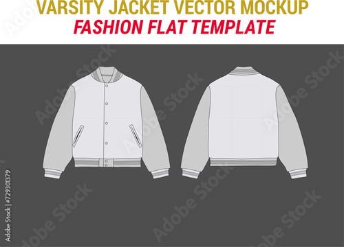 Letterman Jacket Flat CAD Mockup Bomber Jacket Flat Vector Illustration Varsity Jacket Mockup Varsity Jacket Fashion Flat Template