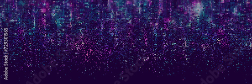 Seamless halftone dotted digital technology wide background with futuristic neon light and faded effect. Cyberpunk and retrowave design for technology, hi-tech and science concept. Vector illustration