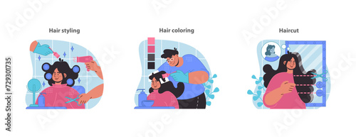 Hair salon services set. Stylish haircuts, vibrant coloring techniques, and personalized styling options. Flat vector illustration.