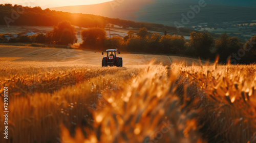 A tractor working in a golden wheat field during a breathtaking sunset in the countryside.