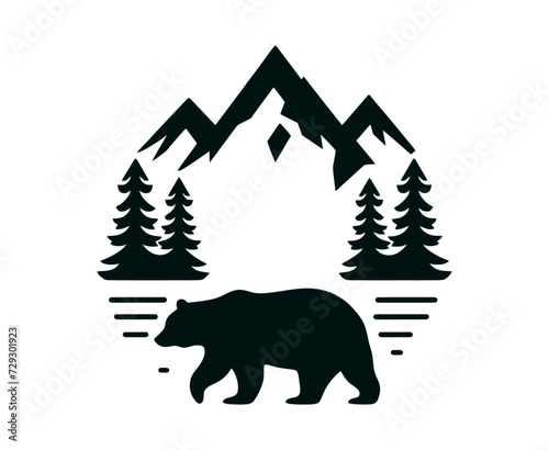 Beautiful outdoor bear emblem, Forest and mountain in the back.  handdrawn vintage style  vector illustration	