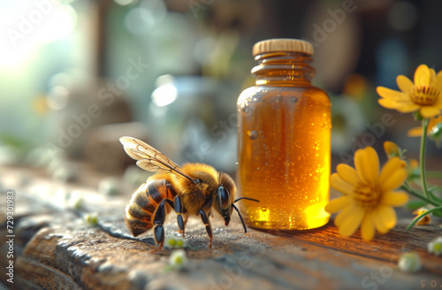 Bee and bottle of honey on wooden table. Bee sitting on a wooden countertop next to a bottle of honey © Vadim