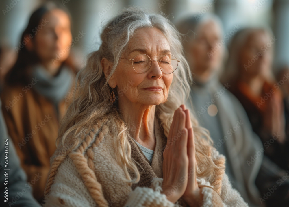 Woman meditates with her eyes closed and hands together in prayer. Older people enjoying a yoga session in a living Woman meditates with her eyes closed and hands together in prayer. Older people enjoying a yoga session in a living