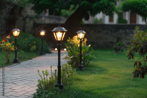 garden of castle with solar path lights