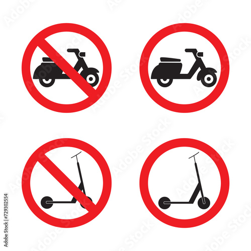Icono de moto y patinete. Aparcar y no aparcar. Vector photo