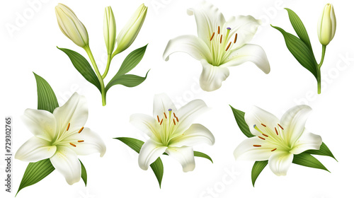 Lily Collection  Blooms  Buds  and Leaves in Vibrant Detail  Perfect for Floral Perfume and Garden Design Elements  Isolated on Transparent Background  Top View